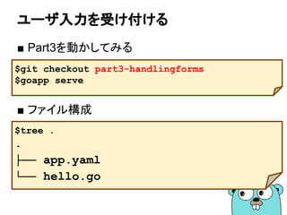 ユーザ入力を受け付ける
■ Part3を動かしてみる
■ ファイル構成
$git checkout part3-handlingforms
$goapp serve
$tree .
.
├── app.yaml
└── hello.go
 