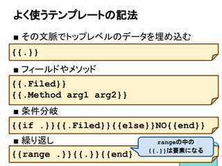 よく使うテンプレートの記法
■ その文脈でトップレベルのデータを埋め込む
■ フィールドやメソッド
■ 条件分岐
■ 繰り返し
{{.}}
{{.Filed}}
{{.Method arg1 arg2}}
{{if .}}{{.Filed}}{{else}}NO{{end}}
{{range .}}{{.}}{{end}
rangeの中の
{{.}}は要素になる
 