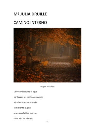 42
Mª JULIA DRUILLE
CAMINO INTERNO
Imagen: Ildiko Neer
En declive escurre el agua
por las grietas ese líquido verdín
alisa la mano que acaricia
rumia lenta la gota
acompasa la idea que cae
silenciosa de alfabeto
 