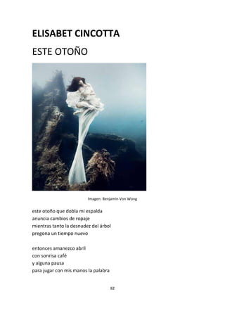 82
ELISABET CINCOTTA
ESTE OTOÑO
Imagen: Benjamin Von Wong
este otoño que dobla mi espalda
anuncia cambios de ropaje
mientras tanto la desnudez del árbol
pregona un tiempo nuevo
entonces amanezco abril
con sonrisa café
y alguna pausa
para jugar con mis manos la palabra
 