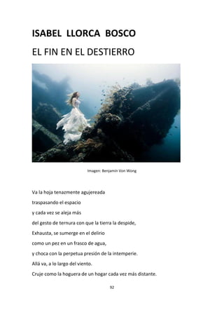 92
ISABEL LLORCA BOSCO
EL FIN EN EL DESTIERRO
Imagen: Benjamín Von Wong
Va la hoja tenazmente agujereada
traspasando el espacio
y cada vez se aleja más
del gesto de ternura con que la tierra la despide,
Exhausta, se sumerge en el delirio
como un pez en un frasco de agua,
y choca con la perpetua presión de la intemperie.
Allá va, a lo largo del viento.
Cruje como la hoguera de un hogar cada vez más distante.
 