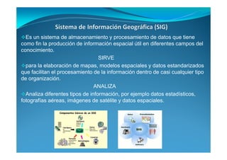 Es un sistema de almacenamiento y procesamiento de datos que tiene
como fin la producción de información espacial útil en diferentes campos del
conocimiento.
SIRVE
para la elaboración de mapas, modelos espaciales y datos estandarizados
que facilitan el procesamiento de la información dentro de casi cualquier tipo
de organización.
ANALIZA
Analiza diferentes tipos de información, por ejemplo datos estadísticos,
fotografías aéreas, imágenes de satélite y datos espaciales.
 