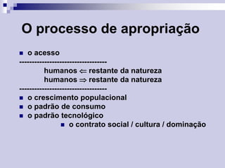 O processo de apropriação
o acesso
----------------------------------humanos  restante da natureza
humanos  restante da natureza
---------------------------------- o crescimento populacional
 o padrão de consumo
 o padrão tecnológico
 o contrato social / cultura / dominação


 