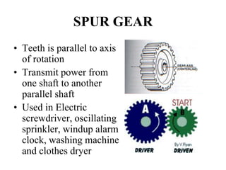 SPUR GEAR
• Teeth is parallel to axis
of rotation
• Transmit power from
one shaft to another
parallel shaft
• Used in Electric
screwdriver, oscillating
sprinkler, windup alarm
clock, washing machine
and clothes dryer
 