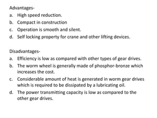 Advantages-
a. High speed reduction.
b. Compact in construction
c. Operation is smooth and silent.
d. Self locking property for crane and other lifting devices.
Disadvantages-
a. Efficiency is low as compared with other types of gear drives.
b. The worm wheel is generally made of phosphor-bronze which
increases the cost.
c. Considerable amount of heat is generated in worm gear drives
which is required to be dissipated by a lubricating oil.
d. The power transmitting capacity is low as compared to the
other gear drives.
 