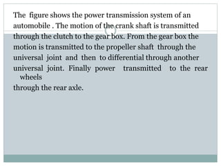 The figure shows the power transmission system of an
automobile . The motion of the crank shaft is transmitted
through the clutch to the gear box. From the gear box the
motion is transmitted to the propeller shaft through the
universal joint and then to differential through another
universal joint. Finally power transmitted to the rear
wheels
through the rear axle.
 