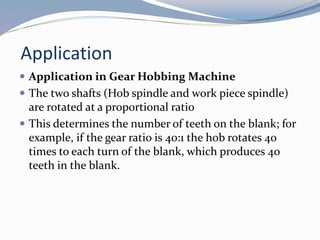 Application
 Application in Gear Hobbing Machine
 The two shafts (Hob spindle and work piece spindle)
are rotated at a proportional ratio
 This determines the number of teeth on the blank; for
example, if the gear ratio is 40:1 the hob rotates 40
times to each turn of the blank, which produces 40
teeth in the blank.
 