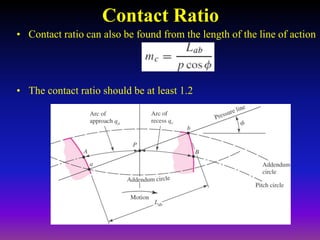 Contact Ratio
• Contact ratio can also be found from the length of the line of action
• The contact ratio should be at least 1.2
 