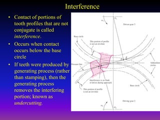 Interference
• Contact of portions of
tooth profiles that are not
conjugate is called
interference.
• Occurs when contact
occurs below the base
circle
• If teeth were produced by
generating process (rather
than stamping), then the
generating process
removes the interfering
portion; known as
undercutting.
 