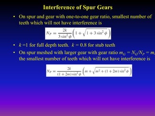 Interference of Spur Gears
• On spur and gear with one-to-one gear ratio, smallest number of
teeth which will not have interference is
• k =1 for full depth teeth. k = 0.8 for stub teeth
• On spur meshed with larger gear with gear ratio mG = NG/NP = m,
the smallest number of teeth which will not have interference is
 