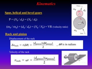 Kinematics
(ωp / ωg) = (dg / dp) = (Ng / Np) = VR (velocity ratio)
P = (Ng / dg) = (Np / dp)
Spur, helical and bevel gears
ωg
dg
ωp
dp
Rack and pinion
Velocity of the rack
Displacement of the rack
Δθ is in radians
,
 