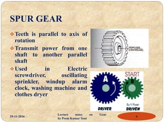 SPUR GEAR
Teeth is parallel to axis of
rotation
Transmit power from one
shaft to another parallel
shaft
Used in Electric
screwdriver, oscillating
sprinkler, windup alarm
clock, washing machine and
clothes dryer
29-11-2016 6
Lecture notes on Gear
by Prem Kumar Soni
 