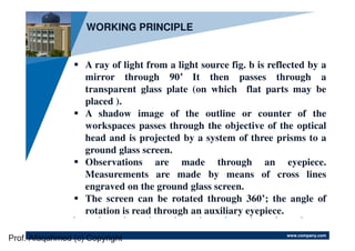 www.company.com
Company
LOGO
A ray of light from a light source fig. b is reflected by a
mirror through 90’ It then passes through a
transparent glass plate (on which flat parts may be
placed ).
A shadow image of the outline or counter of the
workspaces passes through the objective of the optical
head and is projected by a system of three prisms to a
ground glass screen.
Observations are made through an eyepiece.
Measurements are made by means of cross lines
engraved on the ground glass screen.
The screen can be rotated through 360’; the angle of
rotation is read through an auxiliary eyepiece.
WORKING PRINCIPLE
Prof. Afaqahmed (c) Copyright
 
