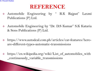  Automobile Engineering by “ R.K Rajput” Laxmi
Publications (P) Ltd.
 Automobile Engineering by “Dr. D.S Kumar” S.K Kataria
& Sons Publications (P) Ltd.
 https://www.autodeal.com.ph/articles/car-features/here-
are-different-types-automatic-transmissions
 https://en.wikipedia.org/wiki/List_of_automobiles_with
_continuously_variable_transmissions
Er. Peeyush ChauhanEr. Peeyush Chauhan
 
