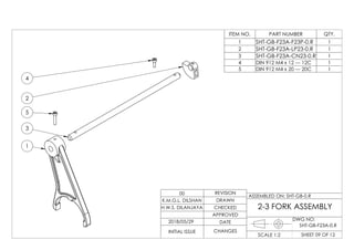 2
4
5
1
3
ITEM NO. PART NUMBER QTY.
1 SHT-GB-F23A-F23P-0.R 1
2 SHT-GB-F23A-LP23-0.R 1
3 SHT-GB-F23A-CN23-0.R 1
4 DIN 912 M4 x 12 --- 12C 1
5 DIN 912 M4 x 20 --- 20C 1
DWG NO:
SHEET 09 OF 12SCALE 1:2
ASSEMBLED ON: SHT-GB-0.R
REVISION
DRAWN
CHECKED
APPROVED
DATE
CHANGESINITIAL ISSUE
H.W.S. DILANJAYA
K.M.G.L. DILSHAN
00
2-3 FORK ASSEMBLY
2018/05/29
SHT-GB-F23A-0.R
 