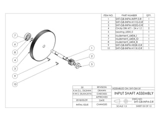 1
2
5
10
9
3
4
8
6
7
ITEM NO. PART NUMBER QTY.
1 SHT-GB-INPA-INPP-0.R 1
2 SHT-GB-INPA-H11G-0.R 1
3 SHT-GB-INPA-H02G-0.R 1
4 Circlip DIN 471 - 24 x 1.2 2
5 bearing_6304_0 1
6 roulement_6404_I 1
7 roulement_6404_O 1
8 roulement_6404_B 1
9 SHT-GB-INPA-H02K-0.R 1
10 SHT-GB-INPA-H11K-0.R 1
DWG NO:
SHEET 03 OF 12SCALE 1:5
ASSEMBLED ON: SHT-GB-0.R
REVISION
DRAWN
CHECKED
APPROVED
DATE
CHANGESINITIAL ISSUE
H.W.S. DILANJAYA
K.M.G.L. DILSHAN
00
INPUT SHAFT ASSEMBLY
2018/05/29
SHT-GB-INPA-0.R
 