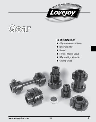 115www.lovejoy-inc.com G-
JW
115www.lovejoy-inc.com
G
G-1
Gear
In This Section:
C Types – Continuous Sleeve■
Nyﬂex■ ®
and Mite®
Dentex■ ®
F Types – Flanged Sleeve■
R Types – Rigid Adjustable■
Coupling Grease■
 