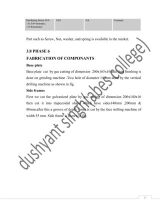 31
Hardening factor (0.0-
1.0; 0.0=isotropic;
1.0=kinematic)
0.85 NA Constant
Part such as Screw, Nut, washer, and spring is available in the market.
3.8 PHASE 6
FABRICATION OF COMPONANTS
Base plate
Base plate cut by gas cutting of dimension 200x165x16 and than finishing is
done on grinding machine .Two hole of diameter 14 mm done by the vertical
drilling machine as shown in fig.
Side frames
First we cut the galvanized plate by gas cutting of dimension 200x140x16
then cut it into trapezoidal shape which have sides140mm ,200mm &
80mm.after this a groove of depth 7 mm is cut by the face milling machine of
width 55 mm. Side frame is shown in fig.
 