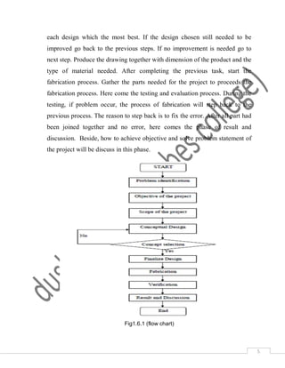 5
each design which the most best. If the design chosen still needed to be
improved go back to the previous steps. If no improvement is needed go to
next step. Produce the drawing together with dimension of the product and the
type of material needed. After completing the previous task, start the
fabrication process. Gather the parts needed for the project to proceeds the
fabrication process. Here come the testing and evaluation process. During the
testing, if problem occur, the process of fabrication will step back to the
previous process. The reason to step back is to fix the error. After all part had
been joined together and no error, here comes the phase of result and
discussion. Beside, how to achieve objective and solve problem statement of
the project will be discuss in this phase.
Fig1.6.1 (flow chart)
 