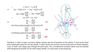 Therefore, in order to have a constant angular velocity ratio for all positions of the wheels, P must be the fixed
point (called pitch point) for the two wheels. In other words, the common normal at the point of contact between
a pair of teeth must always pass through the pitch point. This is fundamental condition which must be satisfied
while designing the profiles for the teeth of gear wheels. It is also known as law of gearing.
 