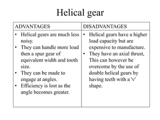 Helical gear
ADVANTAGES DISADVANTAGES
• Helical gears are much less
noisy.
• They can handle more load
then a spur gear of
equivalent width and tooth
size.
• They can be made to
engage at angles.
• Efficiency is lost as the
angle becomes greater.
• Helical gears have a higher
load capacity but are
expensive to manufacture.
• They have an axial thrust,
This can however be
overcome by the use of
double helical gears by
having teeth with a 'v'
shape.
 