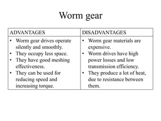 Worm gear
ADVANTAGES DISADVANTAGES
• Worm gear drives operate
silently and smoothly.
• They occupy less space.
• They have good meshing
effectiveness.
• They can be used for
reducing speed and
increasing torque.
• Worm gear materials are
expensive.
• Worm drives have high
power losses and low
transmission efficiency.
• They produce a lot of heat,
due to resistance between
them.
 
