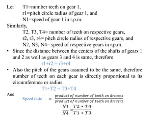 Let T1=number teeth on gear 1,
r1=pitch circle radius of gear 1, and
N1=speed of gear 1 in r.p.m.
Similarly,
T2, T3, T4= number of teeth on respective gears,
r2, r3, r4= pitch circle radius of respective gears, and
N2, N3, N4= speed of respective gears in r.p.m.
• Since the distance between the centers of the shafts of gears 1
and 2 as well as gears 3 and 4 is same, therefore
r1+r2 = r3+r4
• Also the pitch of the gears assumed to be the same, therefore
number of teeth on each gear is directly proportional to its
circumference or radius.
T1+T2 = T3+T4
And
Speed ratio
 