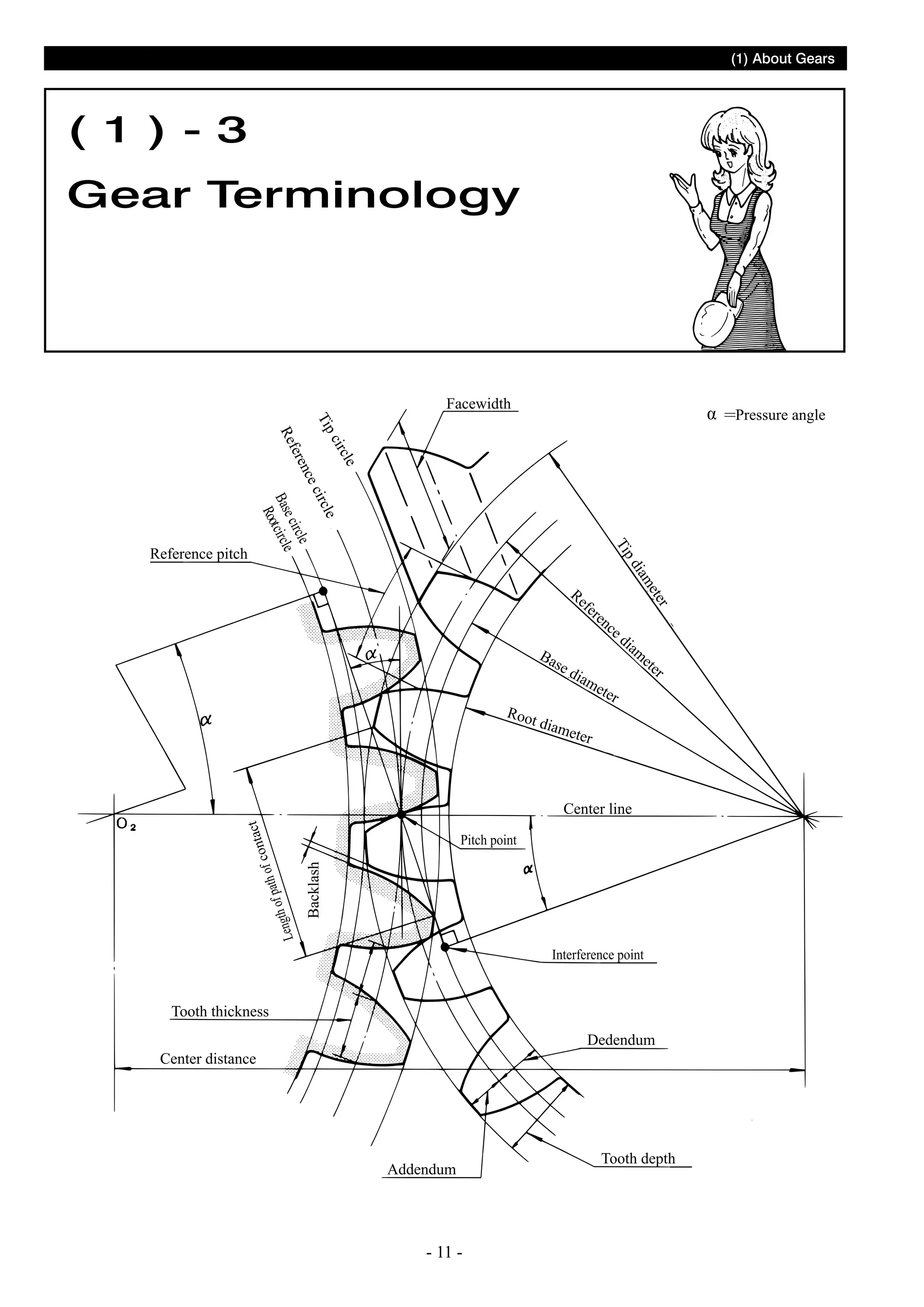 (1) About Gears

( 1 ) - 3
Gear Terminology

Facewidth

Re

cle
cir
e
Tip
ircl
ec
enc
rcle
fer
e ci
Bas ot circle
Ro

α

ter
me
dia
Tip

Reference pitch

Re
fe
re
nc
ed
iam
Ba
ete
se
r
dia
me
ter

Roo
t dia
mete
r

Pitch point

Backlash

tact
f con
path o
h of
Lengt

Center line

Interference point

Tooth thickness
Dedendum

Center distance

Addendum

- 11 -

Tooth depth

Pressure angle

 