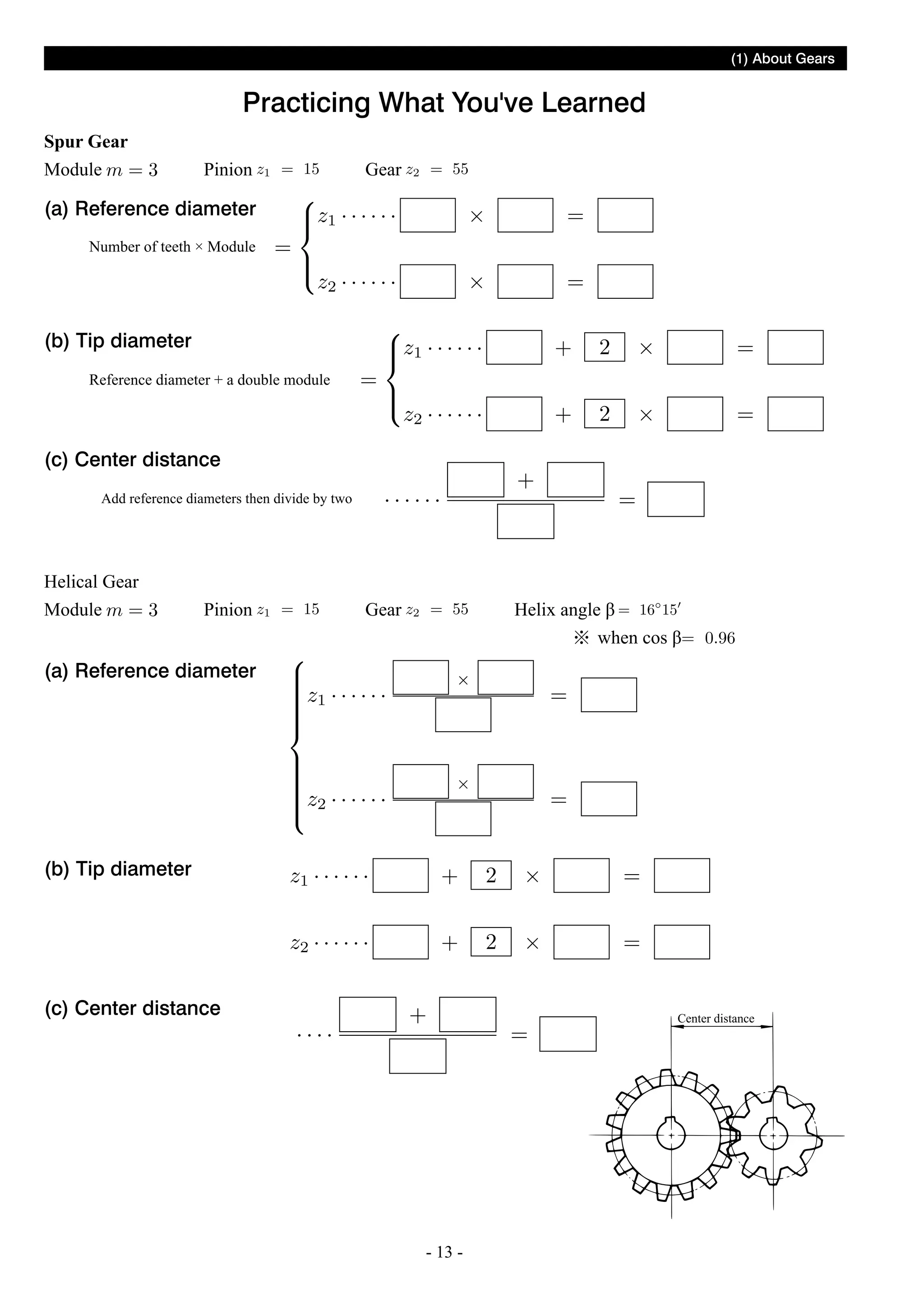 (1) About Gears

Practicing What You've Learned
Spur Gear
Module

Pinion

Gear

(a) Reference diameter
Number of teeth × Module

(b) Tip diameter
Reference diameter + a double module

(c) Center distance
Add reference diameters then divide by two

Helical Gear
Module

Pinion

Gear

Helix angle β
when cos β

(a) Reference diameter

(b) Tip diameter

(c) Center distance

Center distance

- 13 -

 