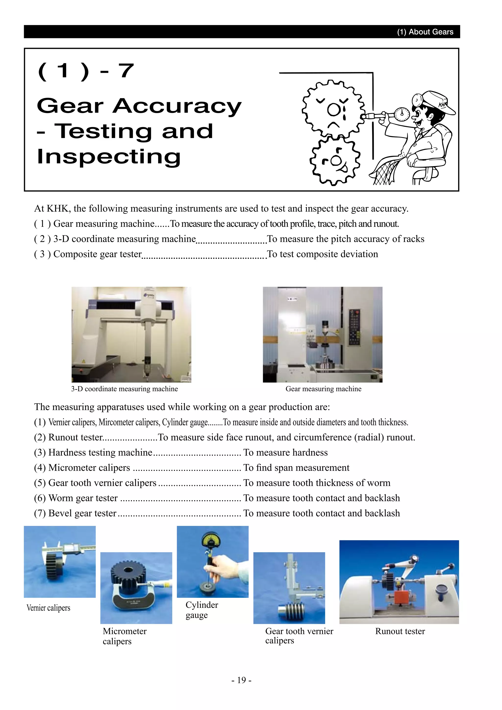 (1) About Gears

( 1 ) - 7
Gear Accuracy
- Testing and
Inspecting
At KHK, the following measuring instruments are used to test and inspect the gear accuracy.
( 1 ) Gear measuring machine......To measure the accuracy of tooth profile, trace, pitch and runout.
( 2 ) 3-D coordinate measuring machine			
To measure the pitch accuracy of racks
( 3 ) Composite gear tester					
To test composite deviation

3-D coordinate measuring machine

Gear measuring machine

The measuring apparatuses used while working on a gear production are:
(1) Vernier calipers, Mircometer calipers, Cylinder gauge........To measure inside and outside diameters and tooth thickness.
(2) Runout tester......................To measure side face runout, and circumference (radial) runout.
(3) Hardness testing machine.................................... To measure hardness
(4) Micrometer calipers ........................................... To find span measurement
(5) Gear tooth vernier calipers.................................. To measure tooth thickness of worm
(6) Worm gear tester................................................. To measure tooth contact and backlash
(7) Bevel gear tester.................................................. To measure tooth contact and backlash

Cylinder
gauge

Vernier calipers
Micrometer
calipers

Gear tooth vernier
calipers

- 19 -

Runout tester

 