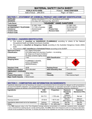 MATERIAL SAFETY DATA SHEET
                              KOALA AUTO KARE                                   Product: HAND SANITIZER
                             Date of Issue: JAN 2010                                 Page 1 of Total 7

SECTION 1 – STATEMENT OF CHEMICAL PRODUCT AND COMPANY IDENTIFICATION
SUPPLIER:                              MOGA HOLDINGS PTY LTD T/as KOALA AUTO KARE
ADDRESS:                               P.O. Box 1071 Ashmore City, QLD 4214
Trade Name:                                                “HG4948E” HAND SANITIZER
TELEPHONE:                             07 3807 7400                 FAX:                         07 3807 7491
AH EMERGENCY TELEPHONE:                13 1126 in Australia         ABN:                         64 692 649 921
Substance:                             Alcohol based                Product Use:                 Hand sanitizer
Creation Date:                         JAN 2010                     Revision Date:               JAN 2015
Product Code:



SECTION 2 – HAZARDS IDENTIFICATION
   This product is classified as HAZARDOUS (FLAMMABLE) according to criteria of the National
          Occupational Health and Safety Commission Australia.
     This product is classified as Dangerous Goods according to the Australian Dangerous Goods (ADG)
          Code.
     This product is NOT classified as a Scheduled Poison according to the SUSDP.
Approved Criteria            R11 Highly Flammable.
Classification               S16 Keep away from sources of ignition – no smoking
                             S2 Keep out of reach of children
                             S7 Keep container tightly closed.
UN Number                    1193                            ADG Classification                  3
Shipping Name                                                Class
                             FLAMMABLE LIQUIDS,
                             N.O.S. (ETHANOL,
                             ISOPROPANOL)

Hazchem Code         3[Y]E                                        Packing Group                  II
SUSDP Classification None allocated                               ADG Subsidiary Risk            none allocated
EMERGENCY OVERVIEW
Colour               White milky                                  Odour                          Fragrant
Physical Description Liquid                                       Viscosity                      Non-viscous liquid
Major Health Hazards None known



SECTION 3 – COMPOSITION AND INFORMATION ON INGREDIENTS
Ingredients determined not to be hazardous are present in concentrations that do not exceed the relevant cut-off concentrations
as found from NOHSC publication “List of Designated Hazardous Substances” or have been found NOT to meet the criteria of a
hazardous substance as defined in the NOHSC publication “Approved Criteria for Classifying Hazardous Substances”.
Ingredients:                                           CAS              Proportion:         Exposure           Exposure
                                                      Number:                               Standards       Standards STEL
                                                                                               TWA
                                                                                             1000ppm
Ethanol                                                64-17-5          < 10% w/w                                 Not set
                                                                                           1880 mg/m3
                                                                                              400ppm             500ppm
Isopropyl alcohol                                       67-63-0         > 60 % w/w
                                                                                           (983 mg/m3)        (1230 mg/m3)
Ingredients determined not to be hazardous             Various          <10% w/w              Not set            Not set
Water                                                 7732-18-5        10 –30% w/w            Not set            Not set
 The TWA exposure value is the Time Weighted Average airborne concentration of a particular substance when calculated
 over a normal 8-hour working day for a 5-day working week. The STEL (Short Term Exposure Limit) is an exposure value that
 should not be exceeded for more than 15 minutes and should not be repeated for more than 4 times per day. There should be
 