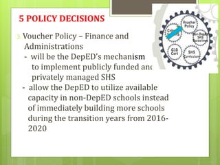 5 POLICY DECISIONS
3. Voucher Policy – Finance and
Administrations
- will be the DepED’s mechanism
to implement publicly funded and
privately managed SHS
- allow the DepED to utilize available
capacity in non-DepED schools instead
of immediately building more schools
during the transition years from 2016-
2020
 