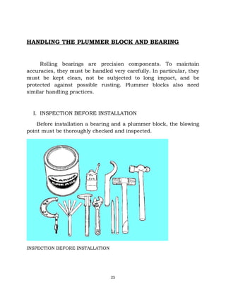 HANDLING THE PLUMMER BLOCK AND BEARING 
Rolling bearings are precision components. To maintain 
accuracies, they must be handled very carefully. In particular, they 
must be kept clean, not be subjected to long impact, and be 
protected against possible rusting. Plummer blocks also need 
similar handling practices. 
I. INSPECTION BEFORE INSTALLATION 
Before installation a bearing and a plummer block, the blowing 
point must be thoroughly checked and inspected. 
INSPECTION BEFORE INSTALLATION 
25 
 