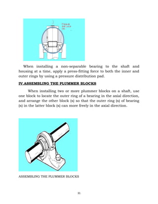 When installing a non-separable bearing to the shaft and 
housing at a time, apply a press-fitting force to both the inner and 
outer rings by using a pressure distribution pad. 
IV.ASSEMBLING THE PLUMMER BLOCKS 
When installing two or more plummer blocks on a shaft, use 
one block to locate the outer ring of a bearing in the axial direction, 
and arrange the other block (s) so that the outer ring (s) of bearing 
(s) in the latter block (s) can more freely in the axial direction. 
ASSEMBLING THE PLUMMER BLOCKS 
31 
 