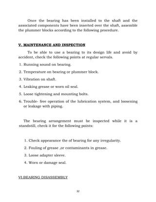 Once the bearing has been installed to the shaft and the 
associated components have been inserted over the shaft, assemble 
the plummer blocks according to the following procedure. 
V. MAINTENANCE AND INSPECTION 
To be able to use a bearing to its design life and avoid by 
accident, check the following points at regular servals. 
1. Running sound on bearing. 
2. Temperature on bearing or plummer block. 
3. Vibration on shaft. 
4. Leaking grease or worn oil seal. 
5. Loose tightening and mounting bolts. 
6. Trouble- free operation of the lubrication system, and loosening 
or leakage with piping. 
The bearing arrangement must be inspected while it is a 
standstill, check it for the following points: 
1. Check appearance the of bearing for any irregularity. 
2. Fouling of grease ,or contaminants in grease. 
3. Loose adapter sleeve. 
4. Worn or damage seal. 
VI.BEARING DISASSEMBLY 
32 
 