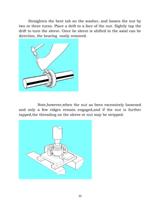 Straighten the bent tab on the washer, and loosen the nut by 
two or three turns. Place a drift to a face of the nut. Sightly tap the 
drift to turn the sleeve. Once be sleeve is shifted in the axial can be 
direction, the bearing easily removed. 
Note,however,when the nut as been excessively loosened 
and only a few ridges remain engaged,and if the nut is further 
tapped,the threading on the sleeve or nut may be stripped. 
33 
 