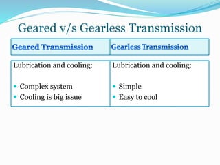 Geared v/s Gearless Transmission
Lubrication and cooling:
 Complex system
 Cooling is big issue
Lubrication and cooling:
 Simple
 Easy to cool
 