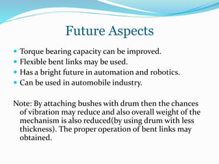 Future Aspects
 Torque bearing capacity can be improved.
 Flexible bent links may be used.
 Has a bright future in automation and robotics.
 Can be used in automobile industry.
Note: By attaching bushes with drum then the chances
of vibration may reduce and also overall weight of the
mechanism is also reduced(by using drum with less
thickness). The proper operation of bent links may
obtained.
 