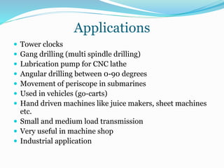 Applications
 Tower clocks
 Gang drilling (multi spindle drilling)
 Lubrication pump for CNC lathe
 Angular drilling between 0-90 degrees
 Movement of periscope in submarines
 Used in vehicles (go-carts)
 Hand driven machines like juice makers, sheet machines
etc.
 Small and medium load transmission
 Very useful in machine shop
 Industrial application
 