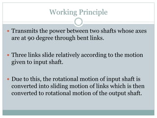 Working Principle
 Transmits the power between two shafts whose axes
are at 90 degree through bent links.
 Three links slide relatively according to the motion
given to input shaft.
 Due to this, the rotational motion of input shaft is
converted into sliding motion of links which is then
converted to rotational motion of the output shaft.
 