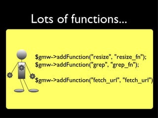 Lots of functions...

$gmw->addFunction("resize", "resize_fn");
$gmw->addFunction("grep", "grep_fn");

$gmw->addFunction("fetch_url", "fetch_url");
 