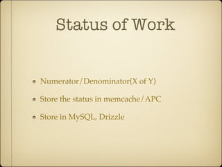 Status of Work


Numerator/Denominator(X of Y)

Store the status in memcache/APC

Store in MySQL, Drizzle
 