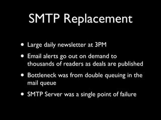 SMTP Replacement
• Large daily newsletter at 3PM
• Email alerts go out on demand to
  thousands of readers as deals are published
• Bottleneck was from double queuing in the
  mail queue
• SMTP Server was a single point of failure
 