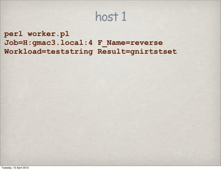 host 1
perl worker.pl
Job=H:gmac3.local:4 F_Name=reverse
Workload=teststring Result=gnirtstset
Tuesday, 13 April 2010
 
