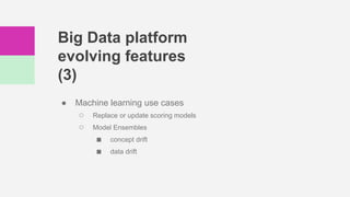 Big Data platform
evolving features
(3)
● Machine learning use cases
○ Replace or update scoring models
○ Model Ensembles
■ concept drift
■ data drift
 
