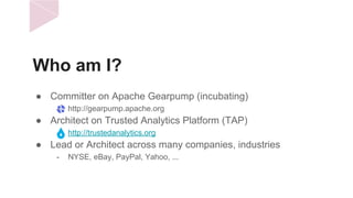 Who am I?
● Committer on Apache Gearpump (incubating)
- http://gearpump.apache.org
● Architect on Trusted Analytics Platform (TAP)
- http://trustedanalytics.org
● Lead or Architect across many companies, industries
- NYSE, eBay, PayPal, Yahoo, ...
Title Goes Here
There are many variations of passages
of lorem ipsum available, but the
majority suffered alteration
some form.
 