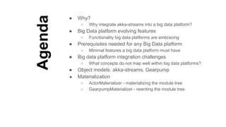 Agenda
● Why?
○ Why integrate akka-streams into a big data platform?
● Big Data platform evolving features
○ Functionality big data platforms are embracing
● Prerequisites needed for any Big Data platform
○ Minimal features a big data platform must have
● Big data platform integration challenges
○ What concepts do not map well within big data platforms?
● Object models: akka-streams, Gearpump
● Materialization
○ ActorMaterializer - materializing the module tree
○ GearpumpMaterializer - rewriting the module tree
 