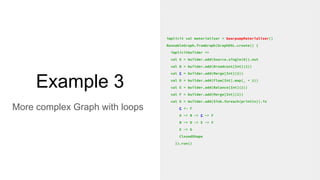 Example 3
More complex Graph with loops
implicit val materializer = GearpumpMaterializer()
RunnableGraph.fromGraph(GraphDSL.create() {
implicitbuilder =>
val A = builder.add(Source.single(0)).out
val B = builder.add(Broadcast[Int](2))
val C = builder.add(Merge[Int](2))
val D = builder.add(Flow[Int].map(_ + 1))
val E = builder.add(Balance[Int](2))
val F = builder.add(Merge[Int](2))
val G = builder.add(Sink.foreach(println)).in
C <~ F
A ~> B ~> C ~> F
B ~> D ~> E ~> F
E ~> G
ClosedShape
}).run()
 