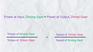 Power at Input, Driving Gear = Power at Output, Driven Gear
Speed of Driven Gear
Speed of Driving Gear
Torque of Driven Gear
Torque of Driving Gear
=
 