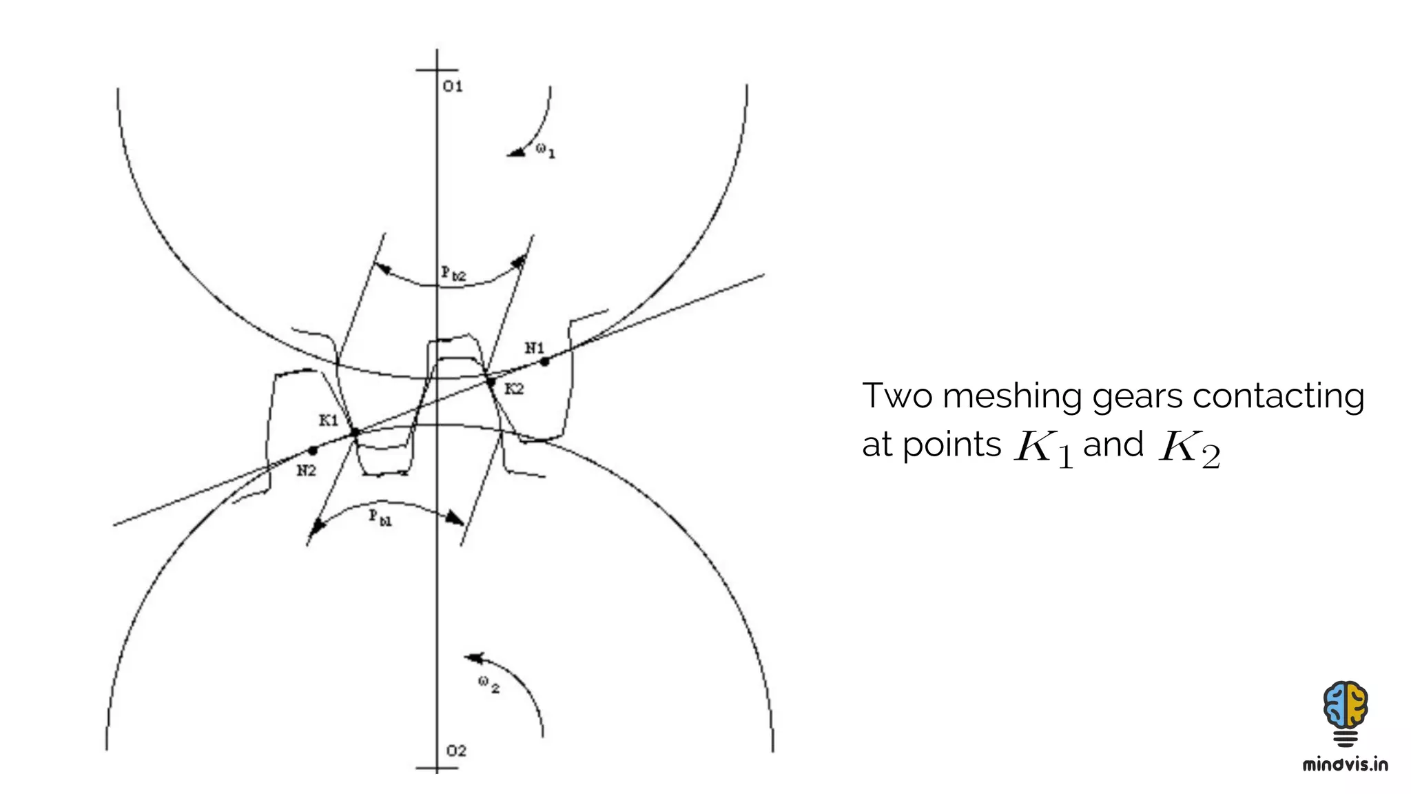 Two meshing gears contacting
at points and
 